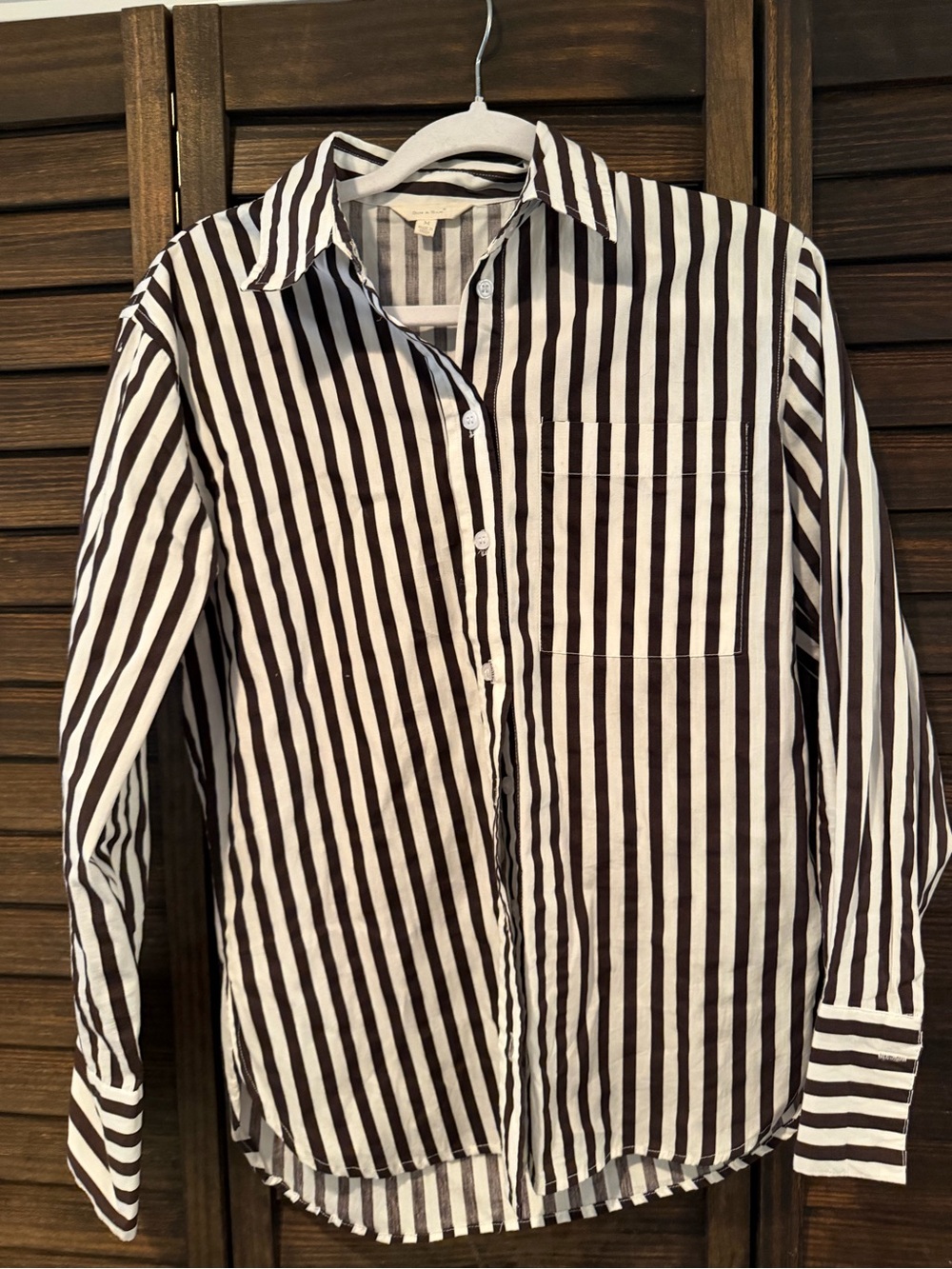Women’s Brown and White Vertical Stripe Button-Up Shirt